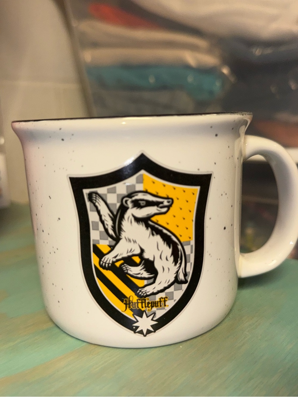 Hufflepuff Crest White Speckled Ceramic Mug